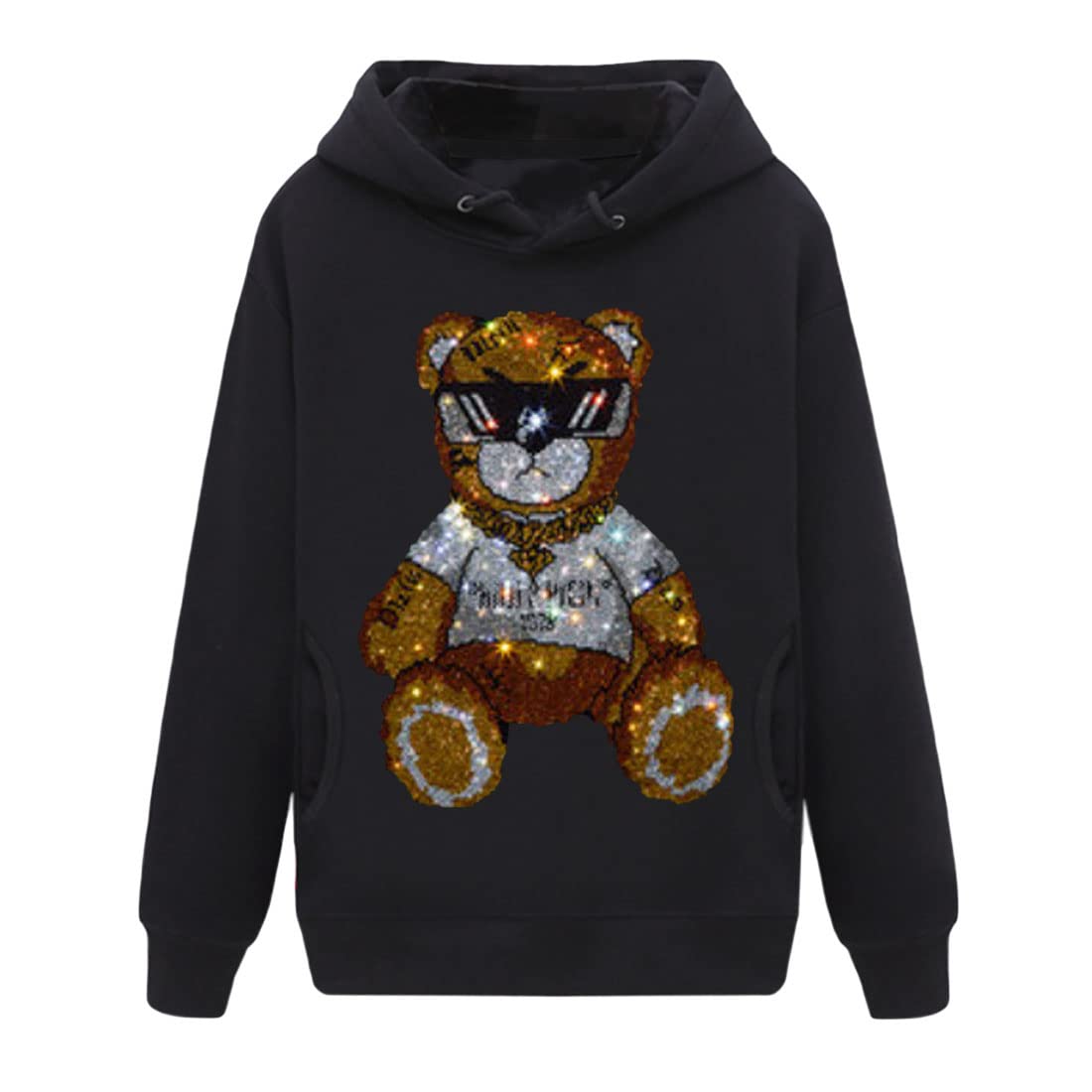 HZCX FASHION Mens Womens Rhinestone Graphic Hoodies Pullover Fleece Sweatshirt(Glass bear Black,Women Medium)