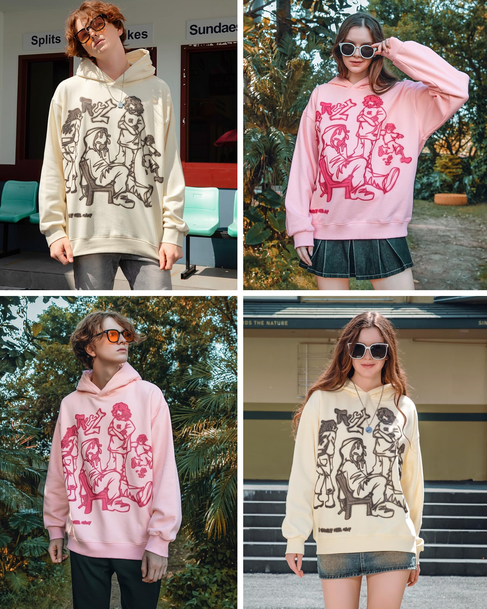 Laixton Men's Oversized Hoodie Pullover Unisex Graphic Sweatshirts Hoodies Casual Tunic Anime Streetwear Aesthetic Top Pink