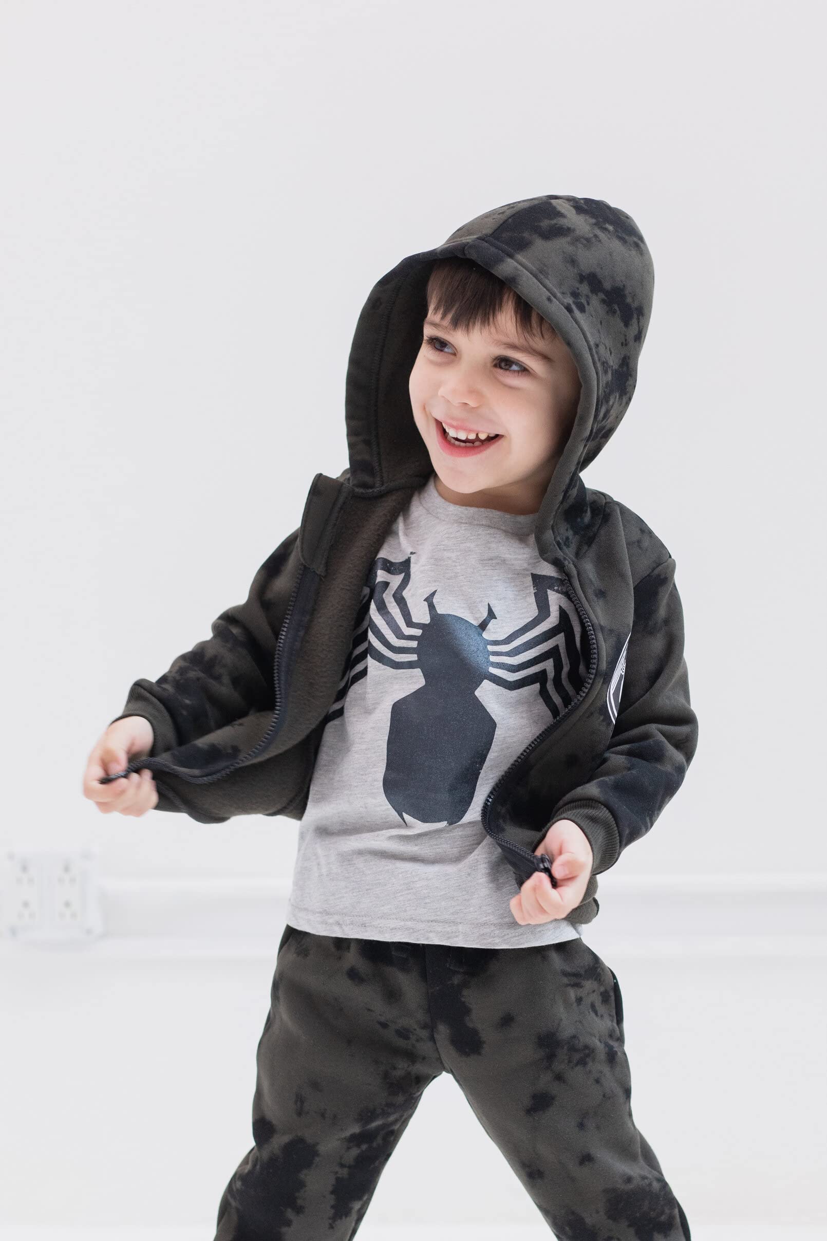 Marvel Spider-Man Toddler Boys Zip Up Fleece Hoodie T-Shirt and Jogger Pants 3 Piece Outfit Set Tie Dye Gray 3T