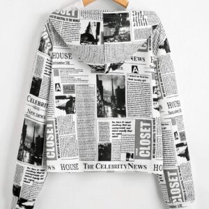 WDIRARA Women's Newspaper Print Long Sleeve Drawstring Hoodie Casual Sweatshirts Black and White L