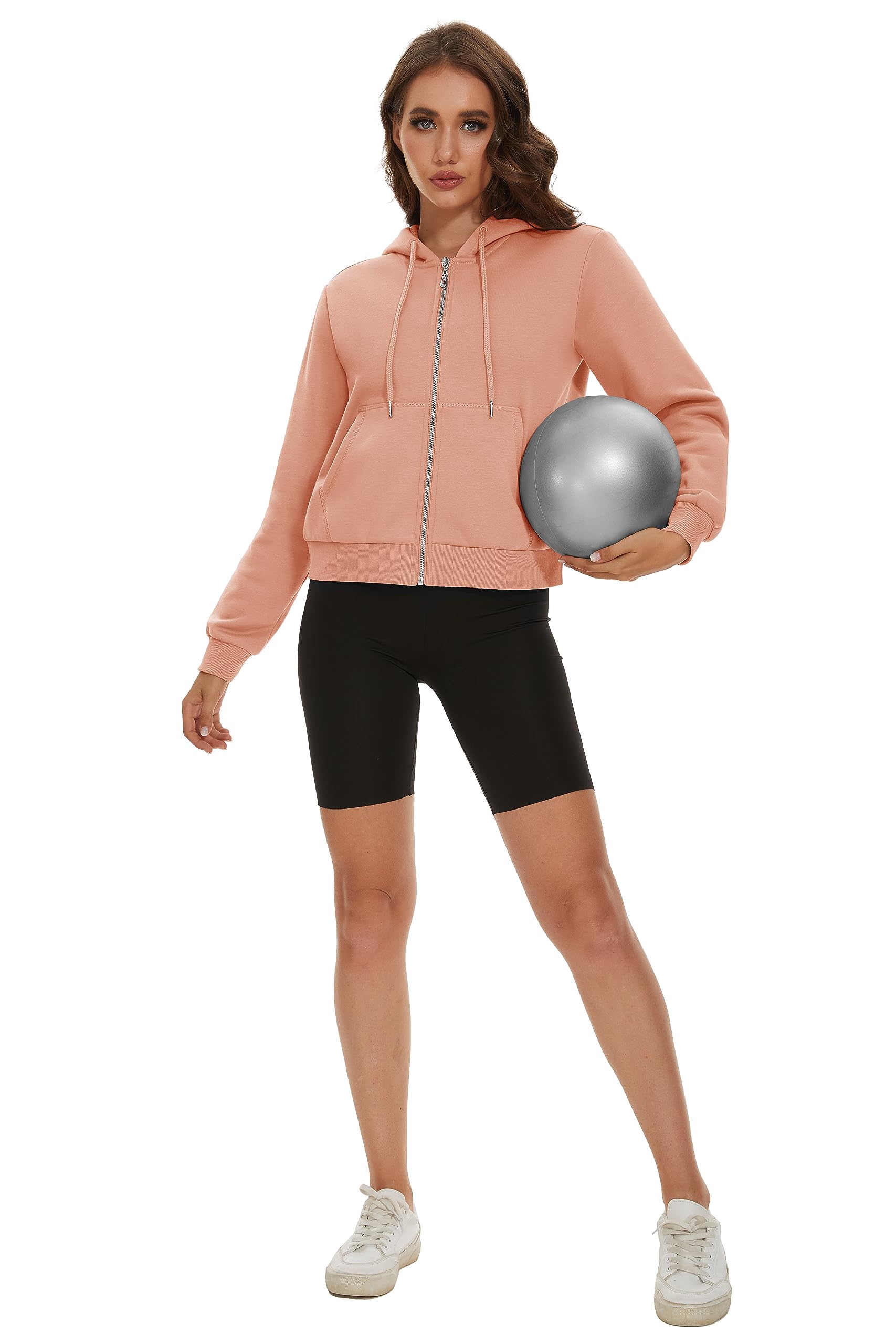 MAGCOMSEN Zip Up Hoodie Women Cropped Sweatshirt Fleece Lined Jacket Athletic Apricot L