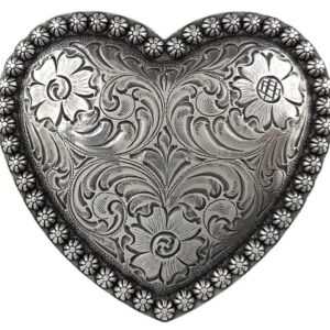 HA0478 Antique Floral Engraved Heart Berry Belt Buckle Fits 1-1/2"(38mm) Belt (Antique Silver)