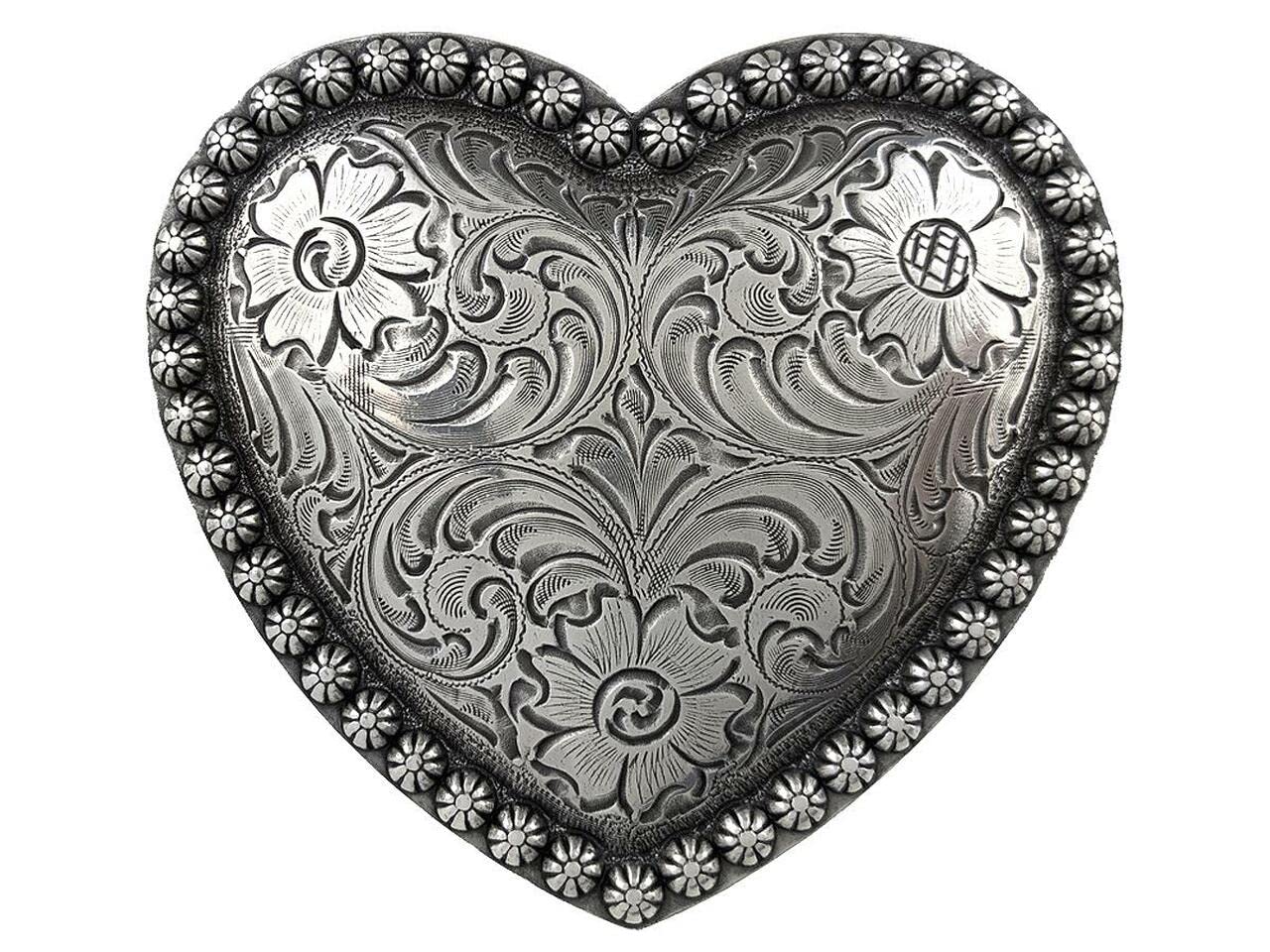 HA0478 Antique Floral Engraved Heart Berry Belt Buckle Fits 1-1/2"(38mm) Belt (Antique Silver)