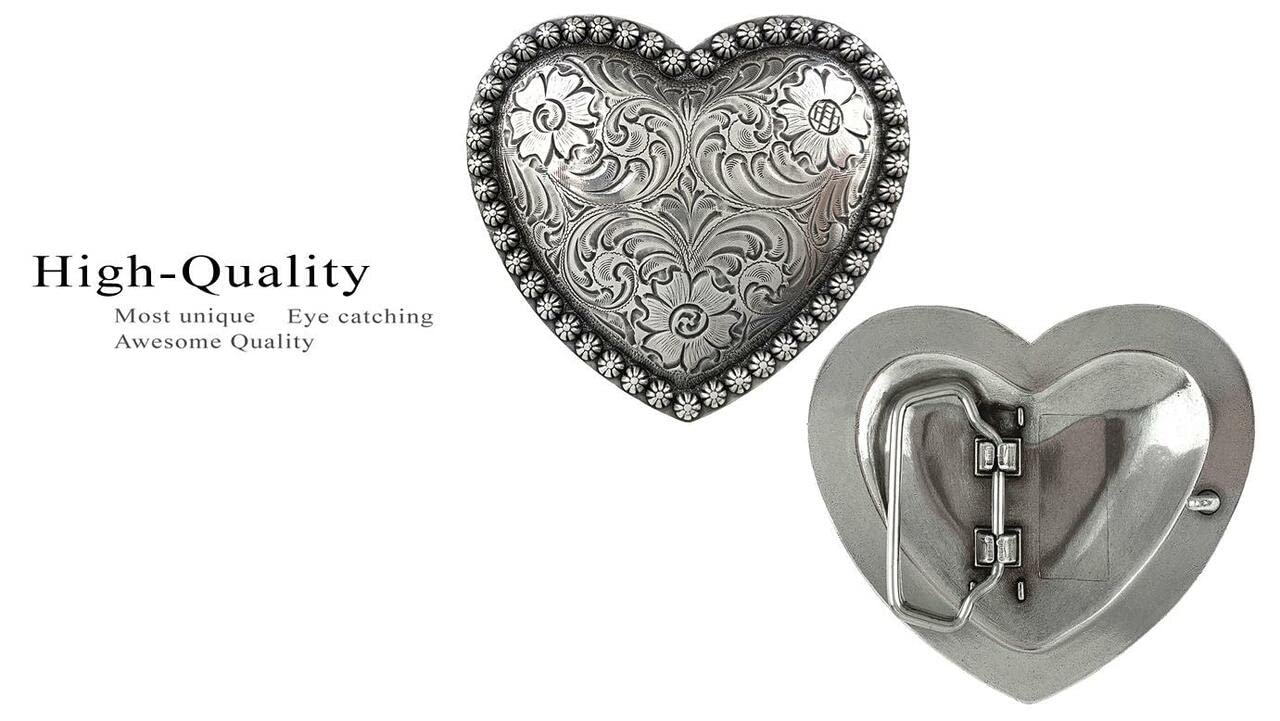 HA0478 Antique Floral Engraved Heart Berry Belt Buckle Fits 1-1/2"(38mm) Belt (Antique Silver)