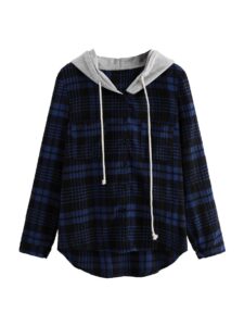 sweatyrocks women's casual plaid hoodie shirt long sleeve button-up blouse tops (medium, navy)