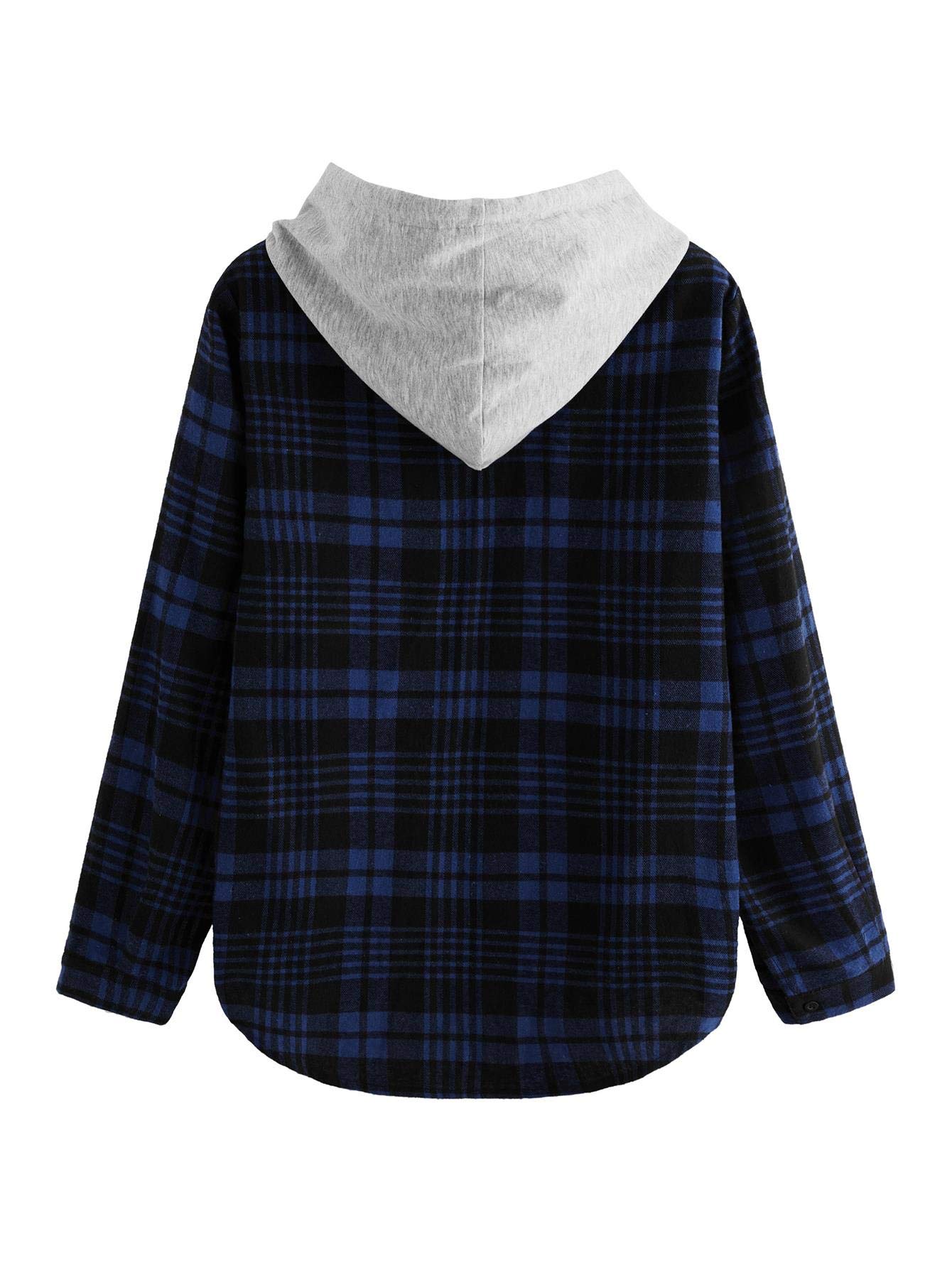 SweatyRocks Women's Casual Plaid Hoodie Shirt Long Sleeve Button-up Blouse Tops (Medium, Navy)