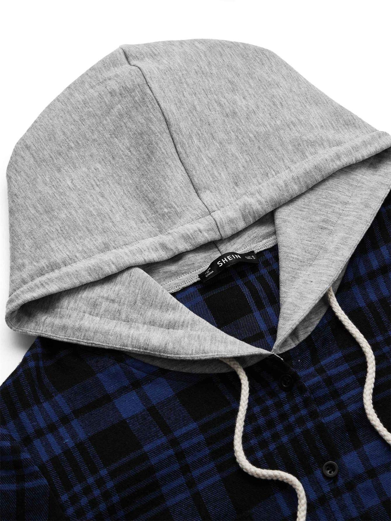 SweatyRocks Women's Casual Plaid Hoodie Shirt Long Sleeve Button-up Blouse Tops (Medium, Navy)