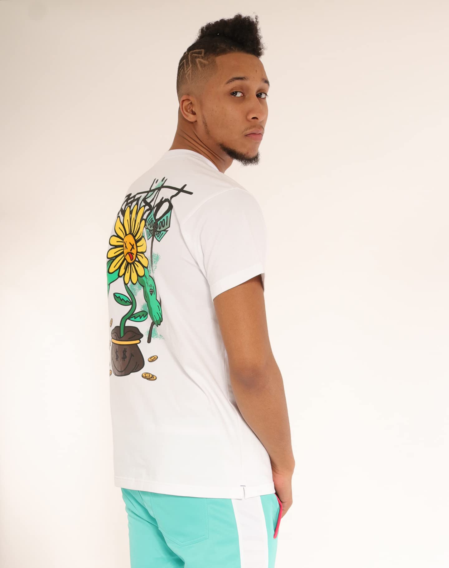 SCREENSHOT-S11302 Mens Hip-Hop NYC Streetwear Ultra Premium Quality Tee - Urban Varsity Graffiti Budybuilding Sunflower Patch Embroidery Gel Print T-Shirt-White-Small