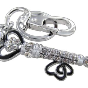 Beautiful sparkling key with hearts charm/key chain. Silver and black surrounded in crystals. Made of chrome coated solid metal that will not bend. Has a long-lasting shine.