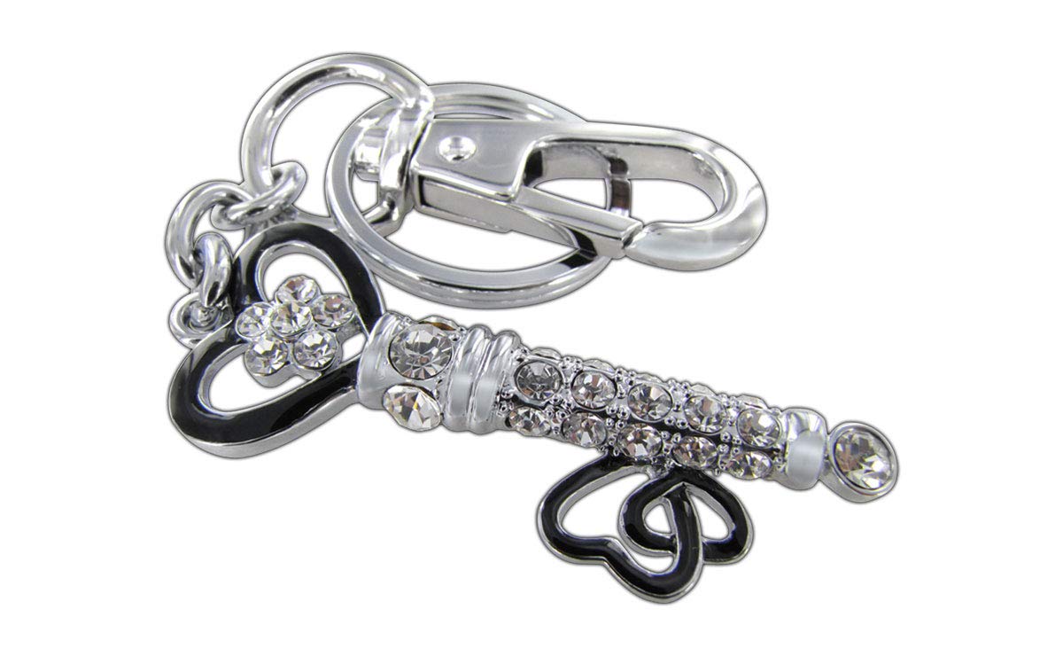 Beautiful sparkling key with hearts charm/key chain. Silver and black surrounded in crystals. Made of chrome coated solid metal that will not bend. Has a long-lasting shine.