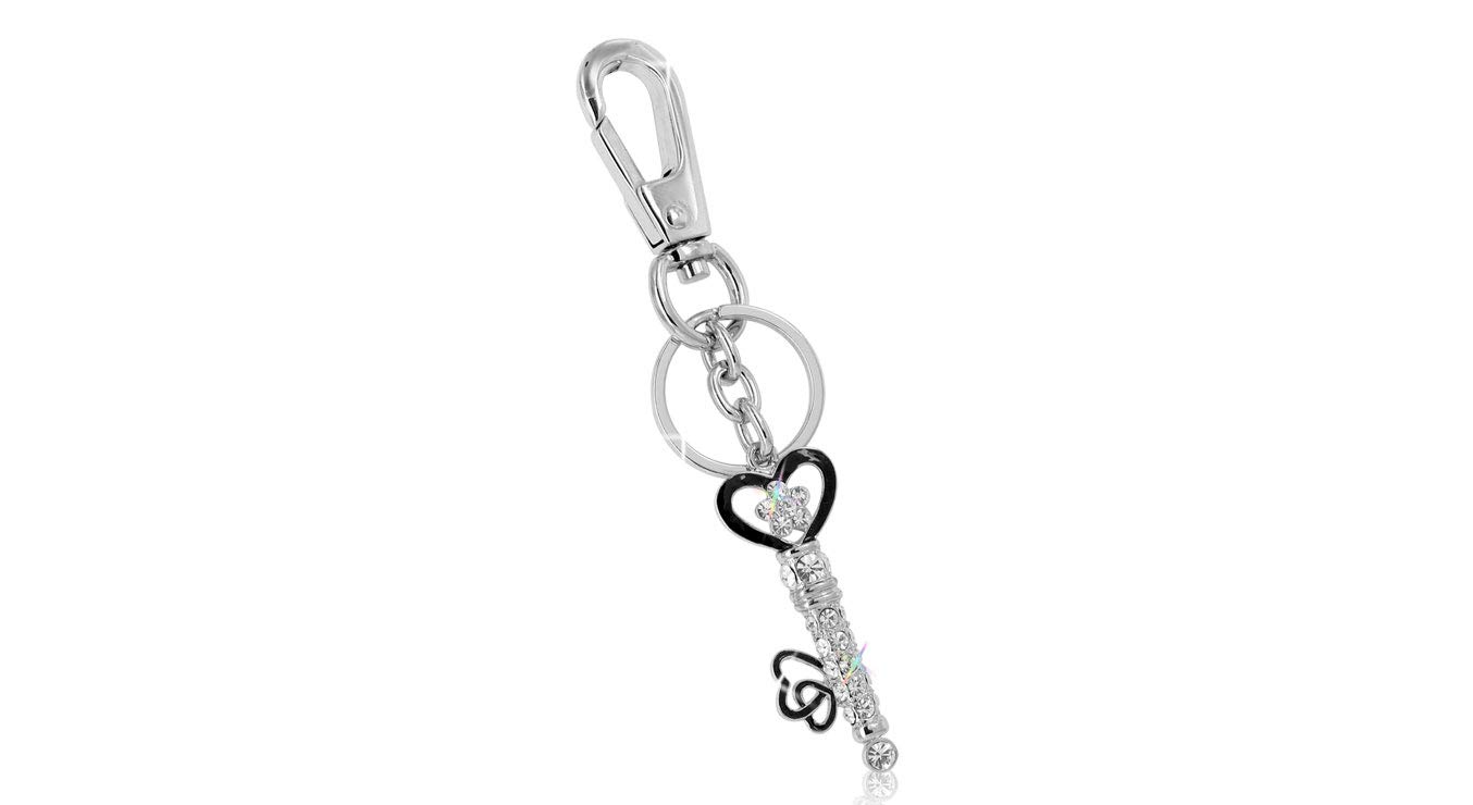 Beautiful sparkling key with hearts charm/key chain. Silver and black surrounded in crystals. Made of chrome coated solid metal that will not bend. Has a long-lasting shine.