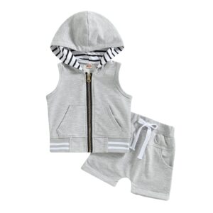 hnyenmcko infant baby boys summer clothes hoodie sleeveless tank tops solid color drawstring shorts set toddler 2pcs outfits (gray, 12-18 months)