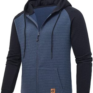 Men's Jacquard PlaidCloth Raglan Sleeve Zipper Hoodie Sweatshirt GreyBlue/Black Large