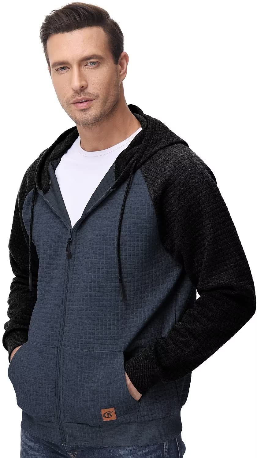 Men's Jacquard PlaidCloth Raglan Sleeve Zipper Hoodie Sweatshirt GreyBlue/Black Large