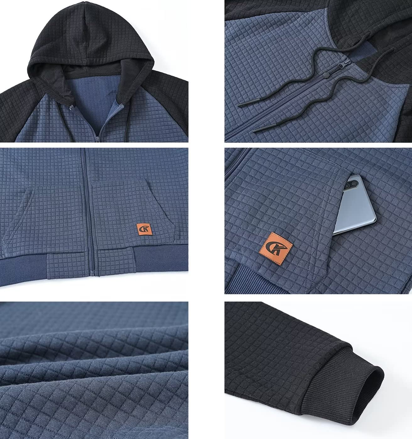 Men's Jacquard PlaidCloth Raglan Sleeve Zipper Hoodie Sweatshirt GreyBlue/Black Large