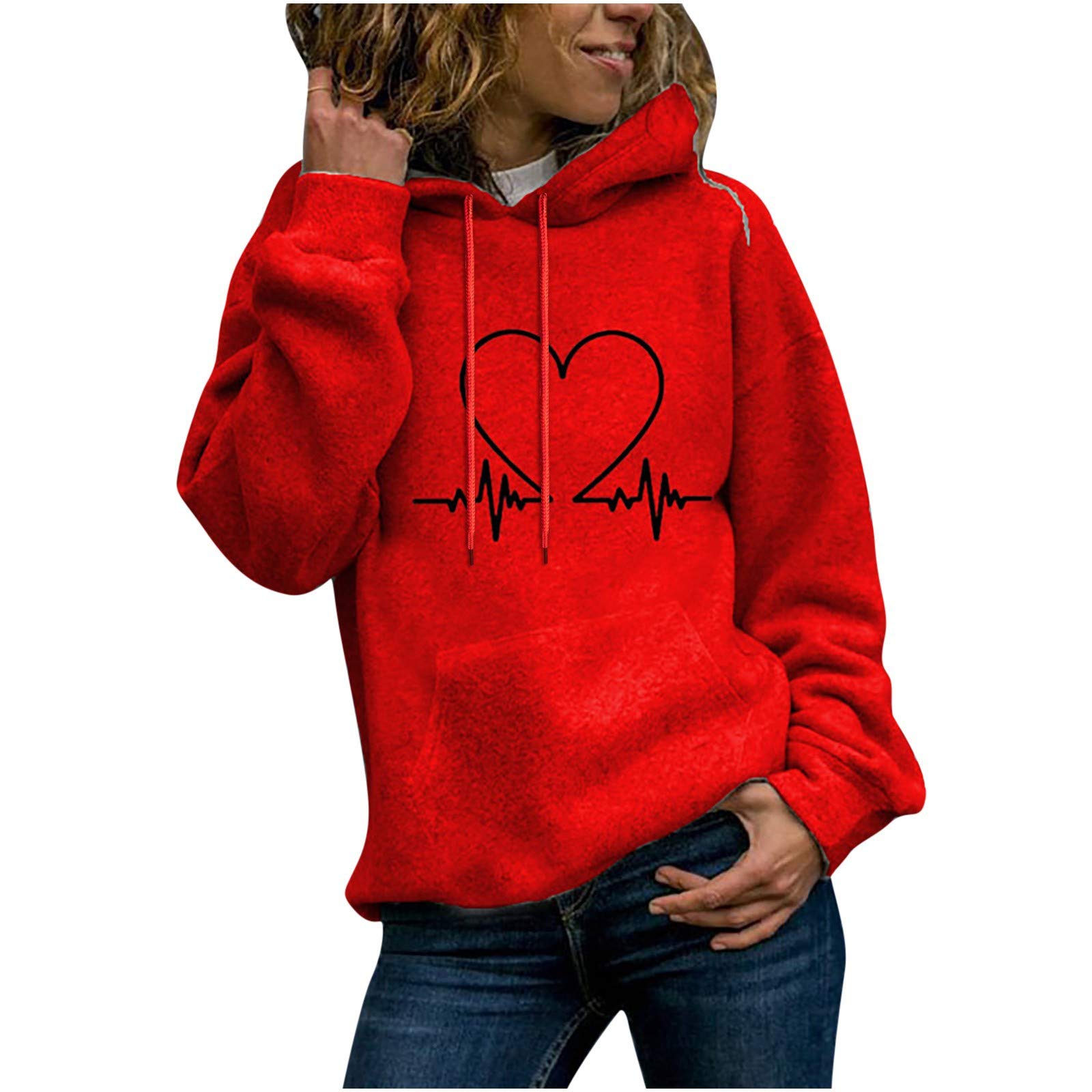 deals of the day cropped sweatshirt Women's Loose Fit Long Sleeve Hooded Sweatshirts Fashion Heart Graphic Design Pullover Lightweight Sweatshirts Red L