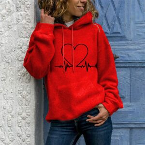 deals of the day cropped sweatshirt Women's Loose Fit Long Sleeve Hooded Sweatshirts Fashion Heart Graphic Design Pullover Lightweight Sweatshirts Red L