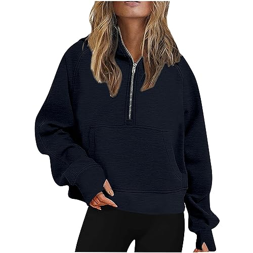 DOLKFU prime shopping online cute fall outfits for women Cropped Zip up Hoodies For Women Oversized Long Sleeve Fashion Pullover Casual Lightweight Sweatshirts with Pocket Navy XL