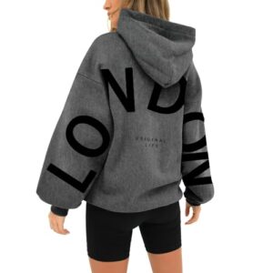 BLUBUKLKUN lightning deals London Sweatshirt Hoodies for Women Long Sleeved Oversized Streetwear Printed Hoodie With Pockets Y2K (Dark Gray, M)