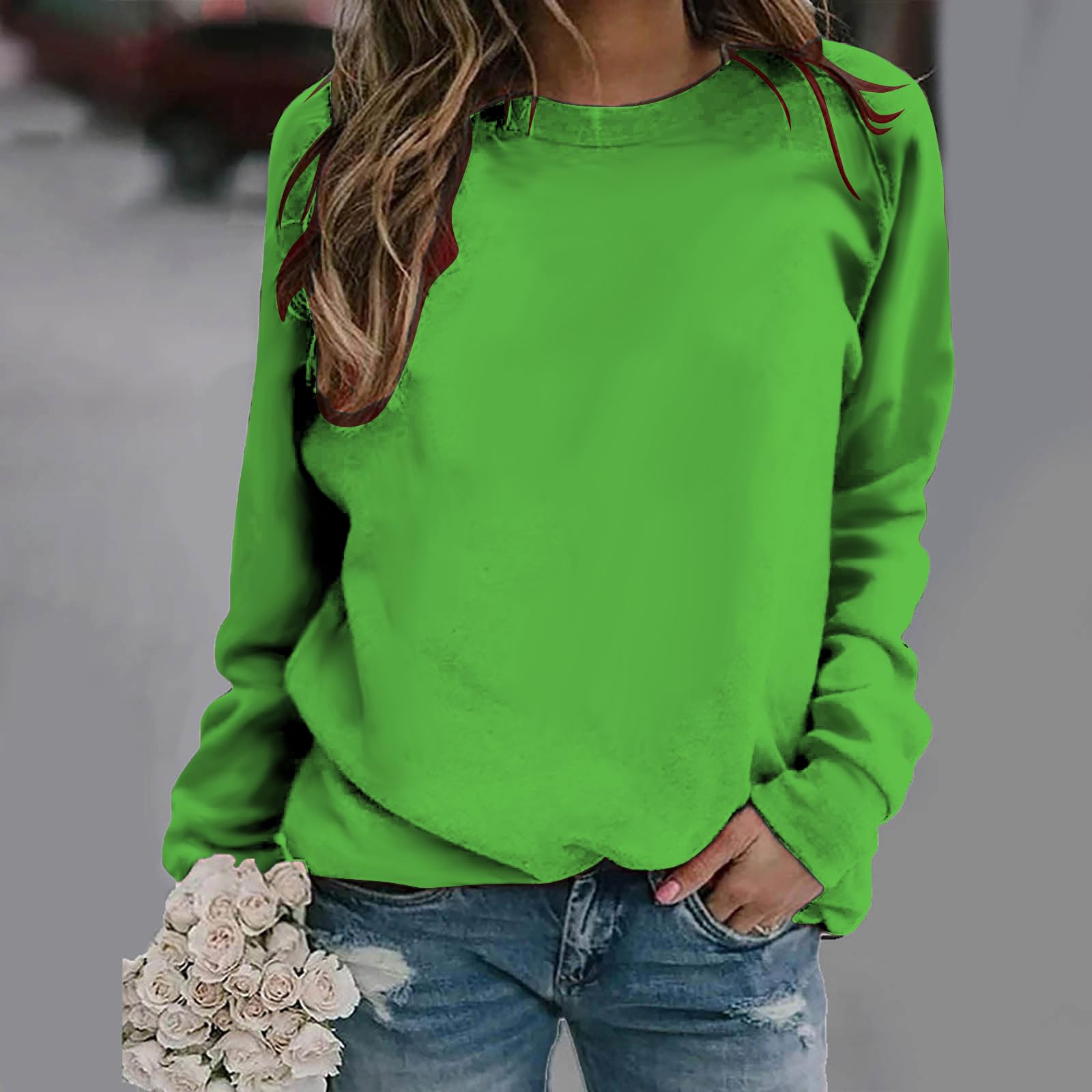 ZDRZK lightning deals of today zip up hoodies for women oversized Sweatshirt For Women Trendy 2023 Casual Solid Color Basic Pullover Tops Long Sleeve Crewneck Sweatshirts Regular Fit Green M