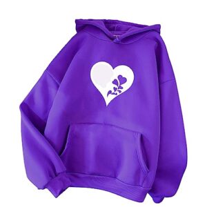 SMIDOW deals of the day lightning deals today prime Women's Cute Heart Fleece Hooded Sweatshirts Fall Teen Girl Hoodies Pullover Tops Fall Outfits 2023 Winter Clothes Purple 3X