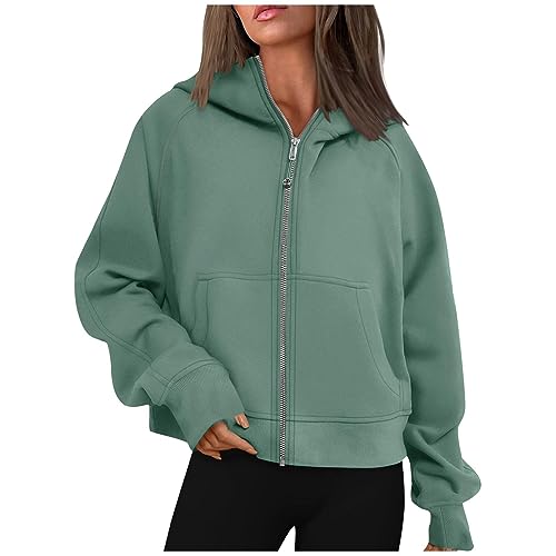 early 2023 fall outfits for women 2023 Cropped Zip up Hoodies For Women Sweatshirts Long Sleeve Collar Pullover Tops Loose Fit Casual Sweatshirt with Pocket Green M