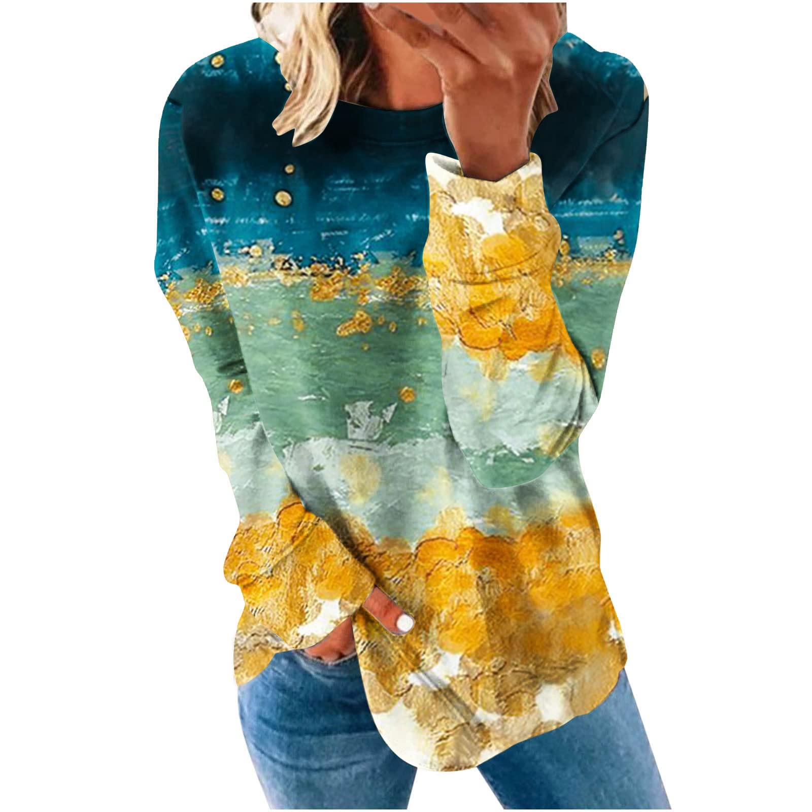 prime deals of the day today only clearance Scuba Dupes Sweatshirt Womens Crewneck Sweatshirt Lightweight Long Sleeve Tunic Gradient Tie Dye Pullover Sweater Shirt Fall y2k Clothes Yellow S