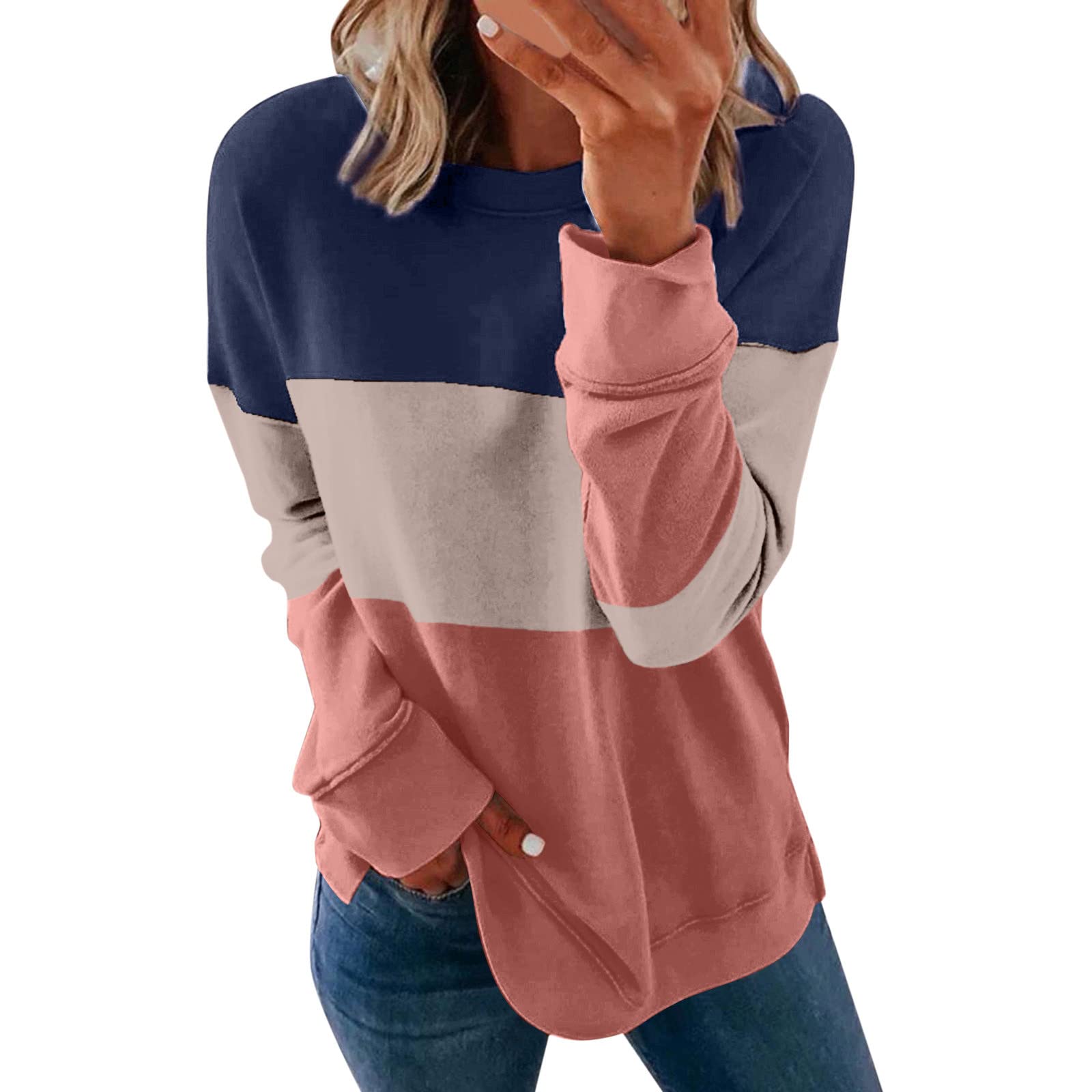 day prime sales Fall Hoodies For Women Cute Sweatshirt For Women 2023 Fall Fashion Clothes Long Sleeve Crewneck Pullover Sweater Shirt Color Block Tunic Tops Khaki 2X