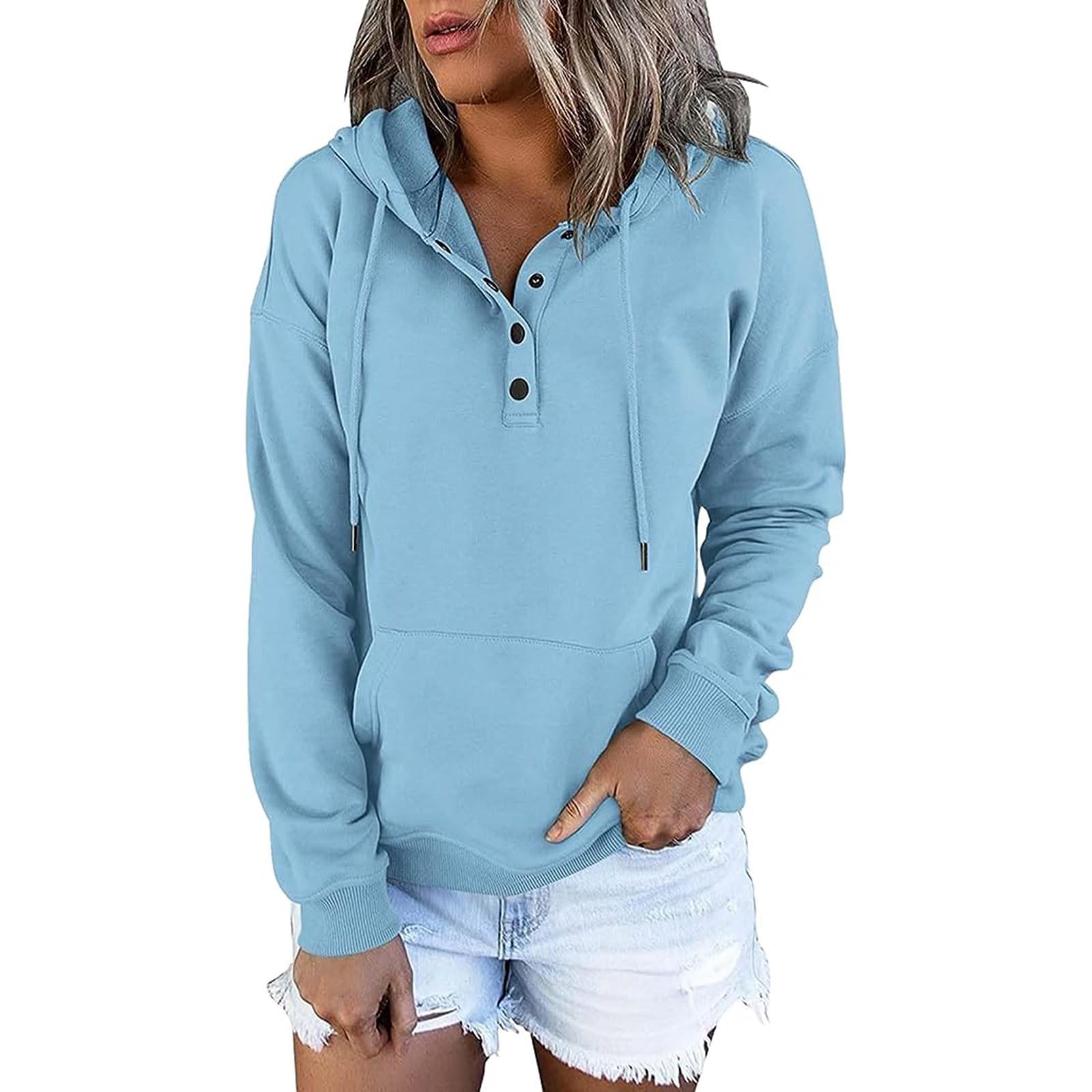 lightning deals of today Womens Hooded Sweatshirts Solid Button Down Y2K Hoodies Long Sleeve Pullover Tops 2023 Fall Trendy Clothes plus size halloween Light Blue XL