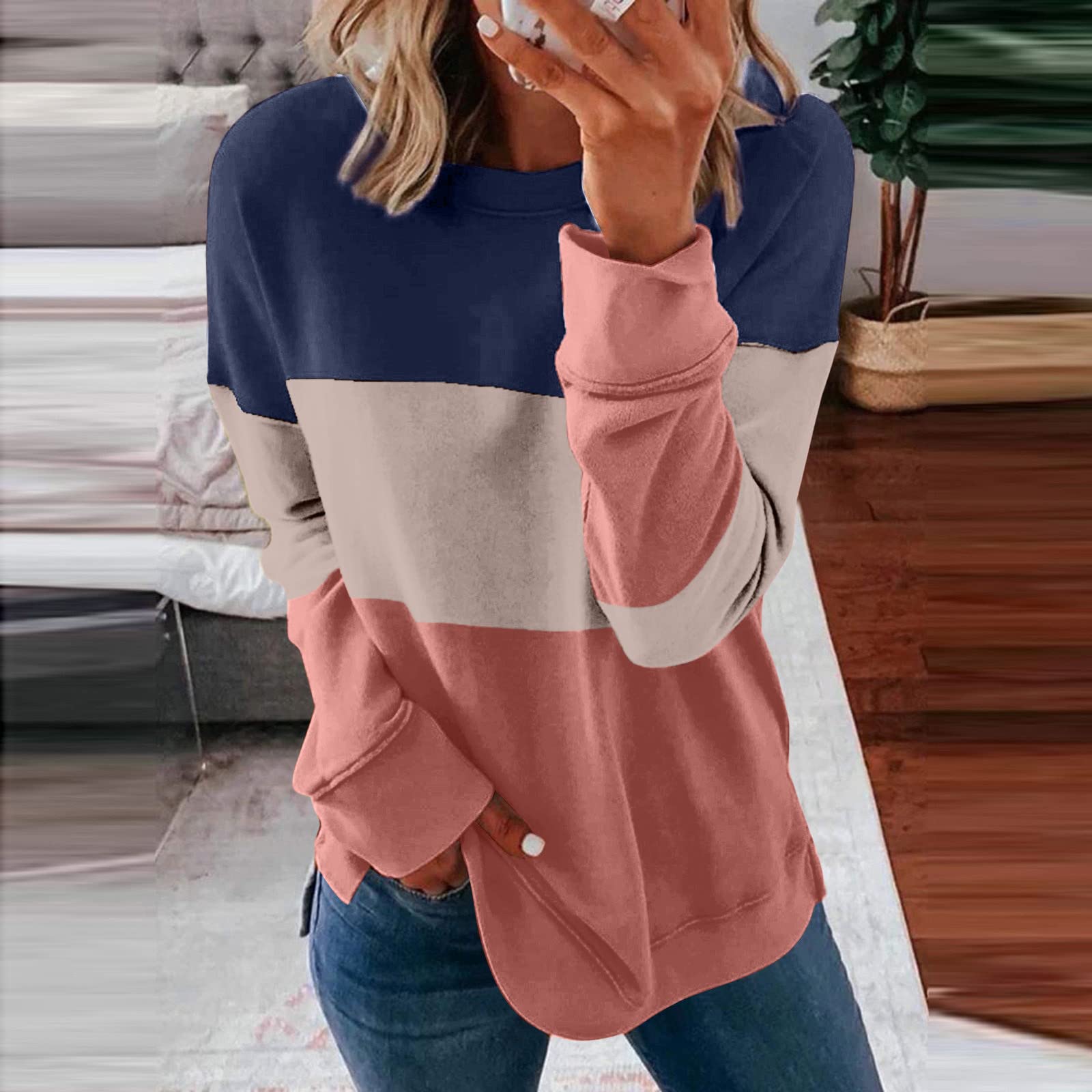 day prime sales Fall Hoodies For Women Cute Sweatshirt For Women 2023 Fall Fashion Clothes Long Sleeve Crewneck Pullover Sweater Shirt Color Block Tunic Tops Khaki 2X