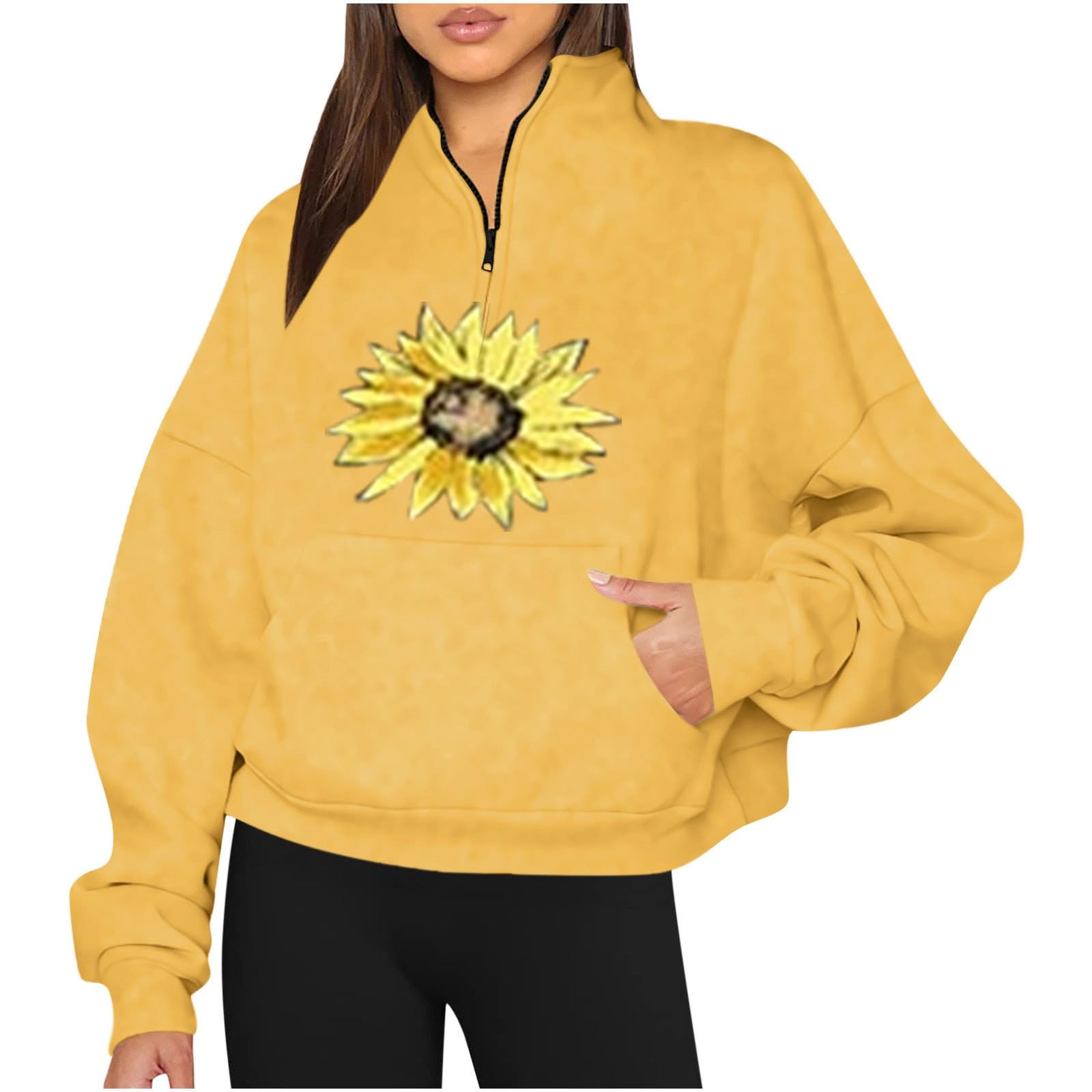 target online shopping sweatshirt for women plus size Sweatshirts for Women Fleece Half Zip Pullover with Front Pocket Fall Teen Girl Preppy Sweatshirts Puff Sleeve Pullover Yellow L