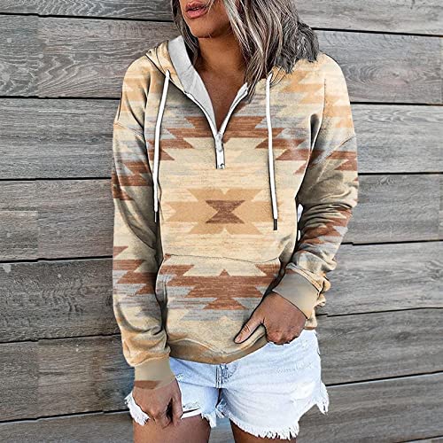 friday black early deals Women's Western Aztec Ethnic Style Hooded Sweatshirts Casual Folk Pullover Long Sleeve Pocket Hoodies volleyball gifts for teen girls Beige 2X