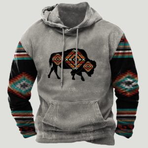 Muscularfit deals of the day Men Sweatshirts Hoodies Western Aztec Ethnic Pullover Long Sleeve Casual Drawstring Shirt Hooded Ethnic Print Top men's clothing Gray L