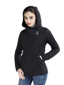 aran crafts women's cable knit comfortable side zip hoodie (hd4916-med-blac) black