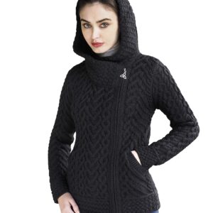 Aran Crafts Women's Cable Knit Comfortable Side Zip Hoodie (HD4916-MED-BLAC) Black