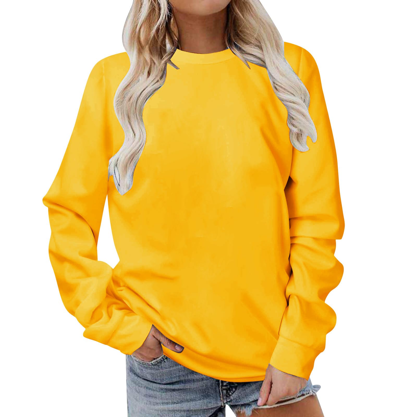 lightning deals of today prime Fall Sweatshirts For Women Fashion Solid Long Sleeve Crewneck Tunic Shirts Casual Loose Comfy Pullover Tops Hoodie Sweaters For Women Yellow L