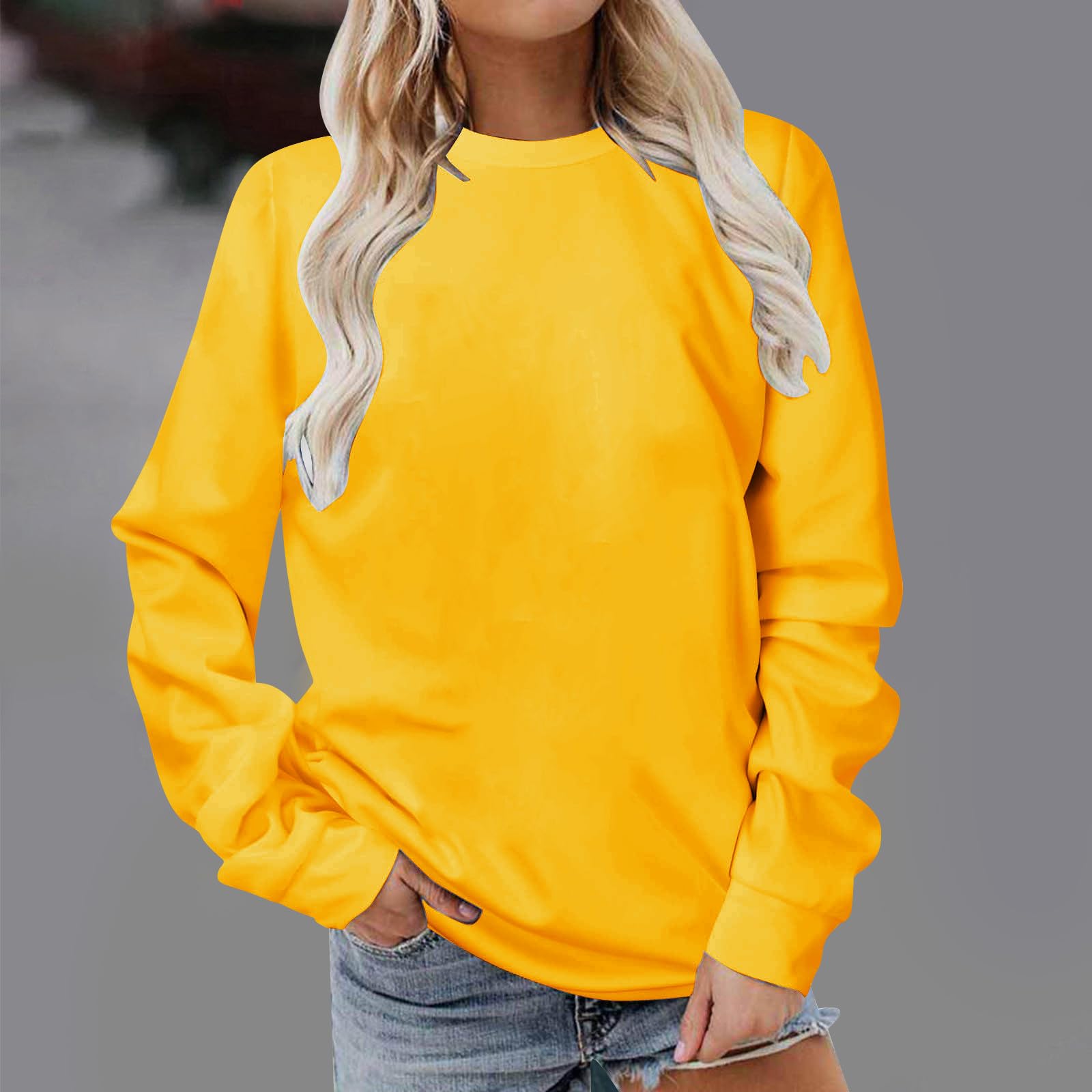 lightning deals of today prime Fall Sweatshirts For Women Fashion Solid Long Sleeve Crewneck Tunic Shirts Casual Loose Comfy Pullover Tops Hoodie Sweaters For Women Yellow L