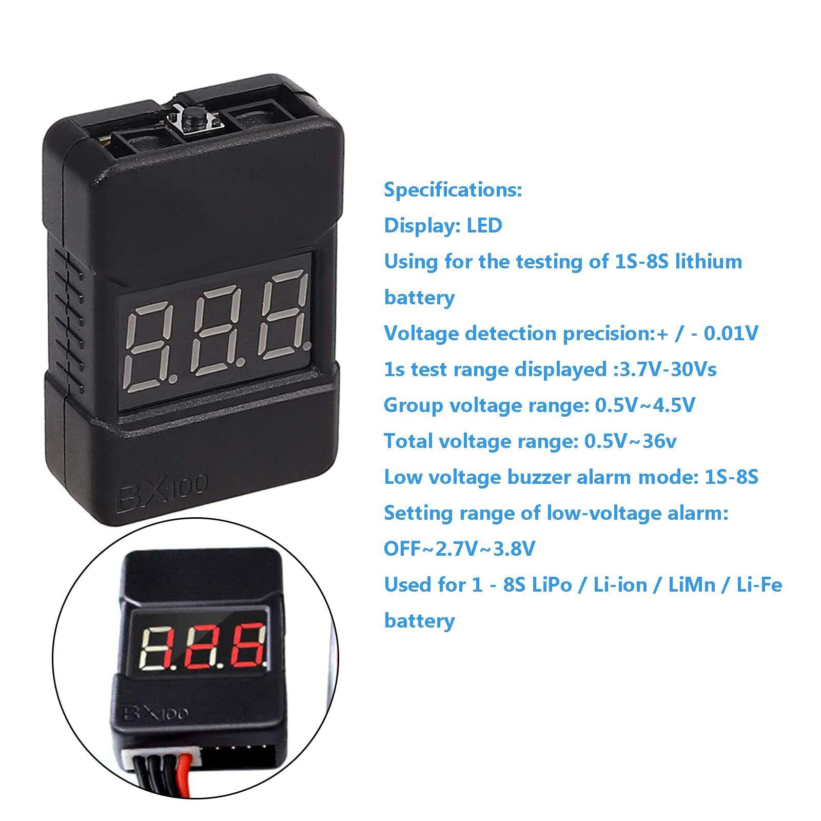 SIPYTOPF 3 Pack Lipo Battery Tester,BX100 RC 1-8S Low Voltage Buzzer Alarm Super Sound Warning Checker with LED Indicator Lipo/Li-ion/LiMn/Li-Fe