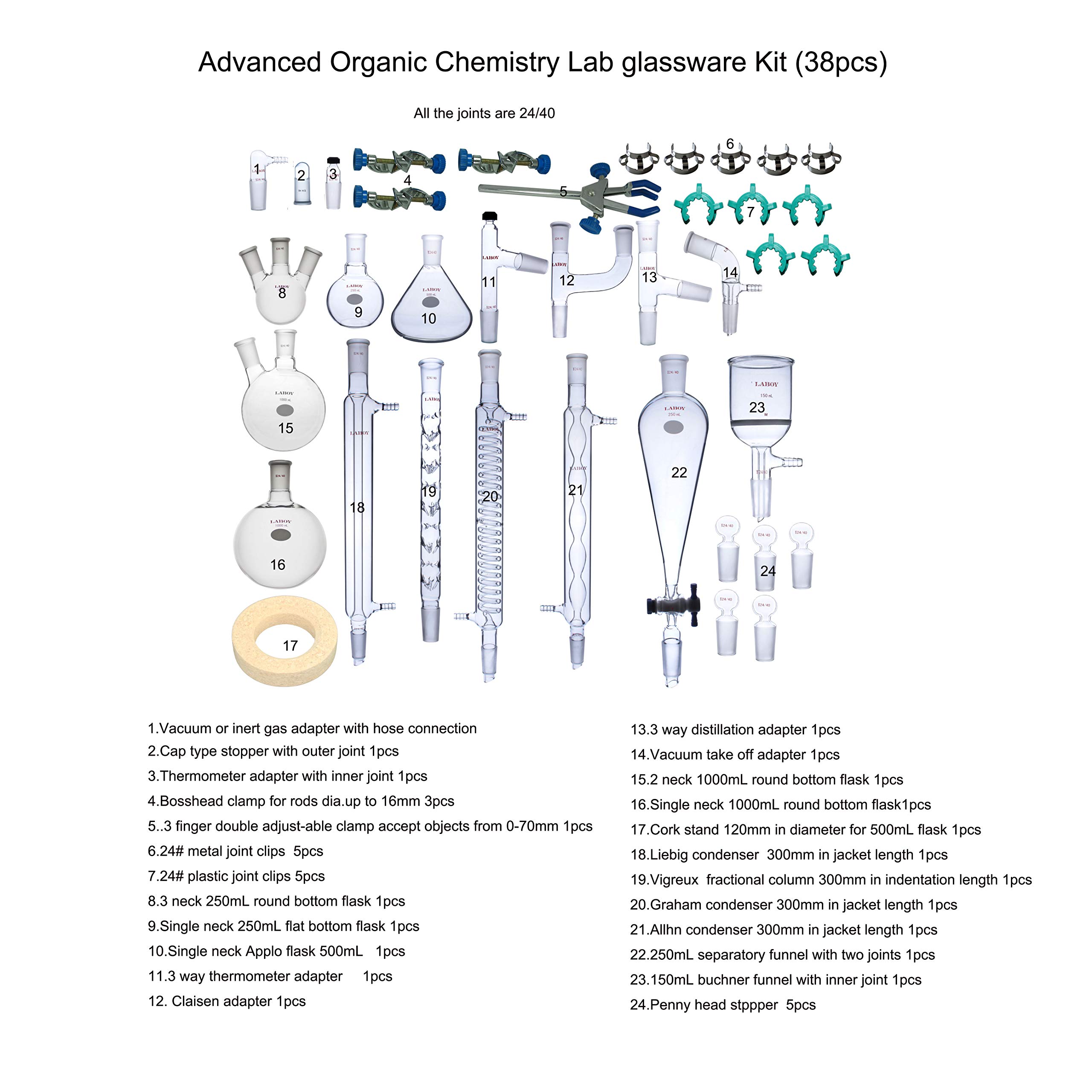 Laboy Glass Advanced Organic Chemistry Lab Glassware Kit Laboratory Glassware Apparatus (38pcs)