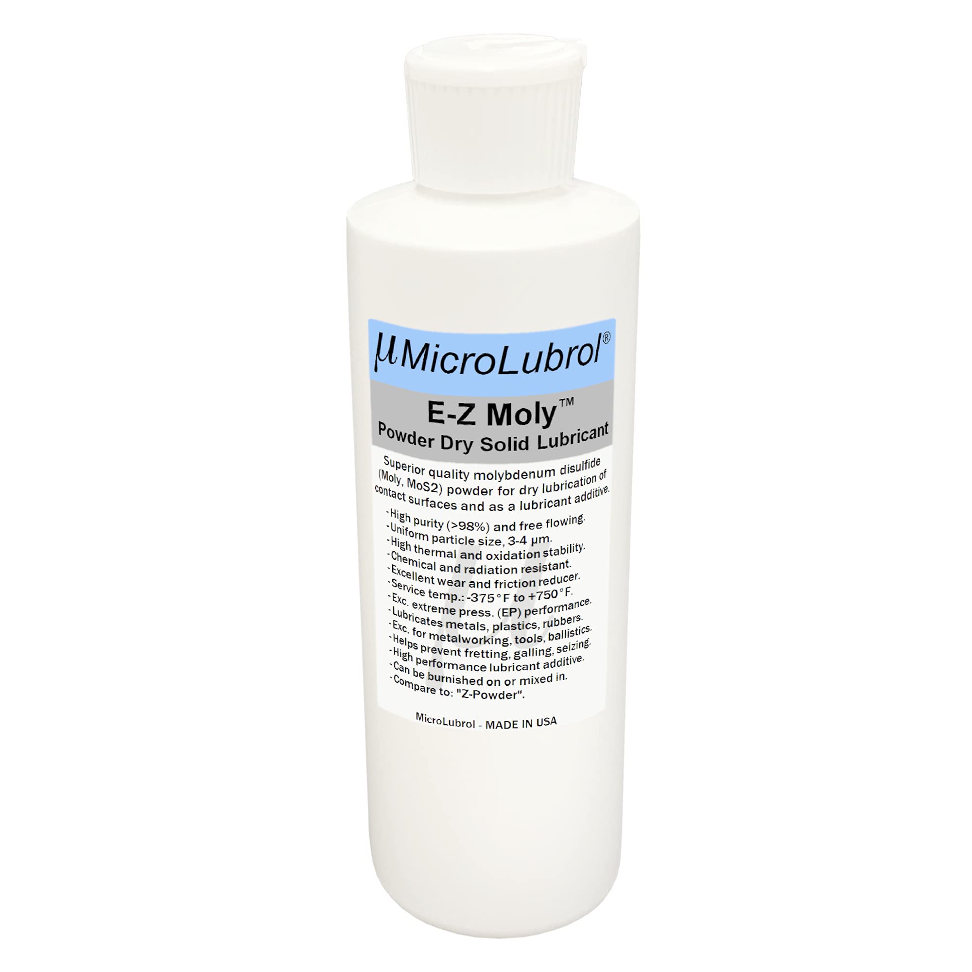 MicroLubrol E-Z Moly Powder Dry Lubricant, 2 oz (57 gm), 100% Molybdenum Disulfide, MIL-M-7866, Made in USA, Compare to Z Powder