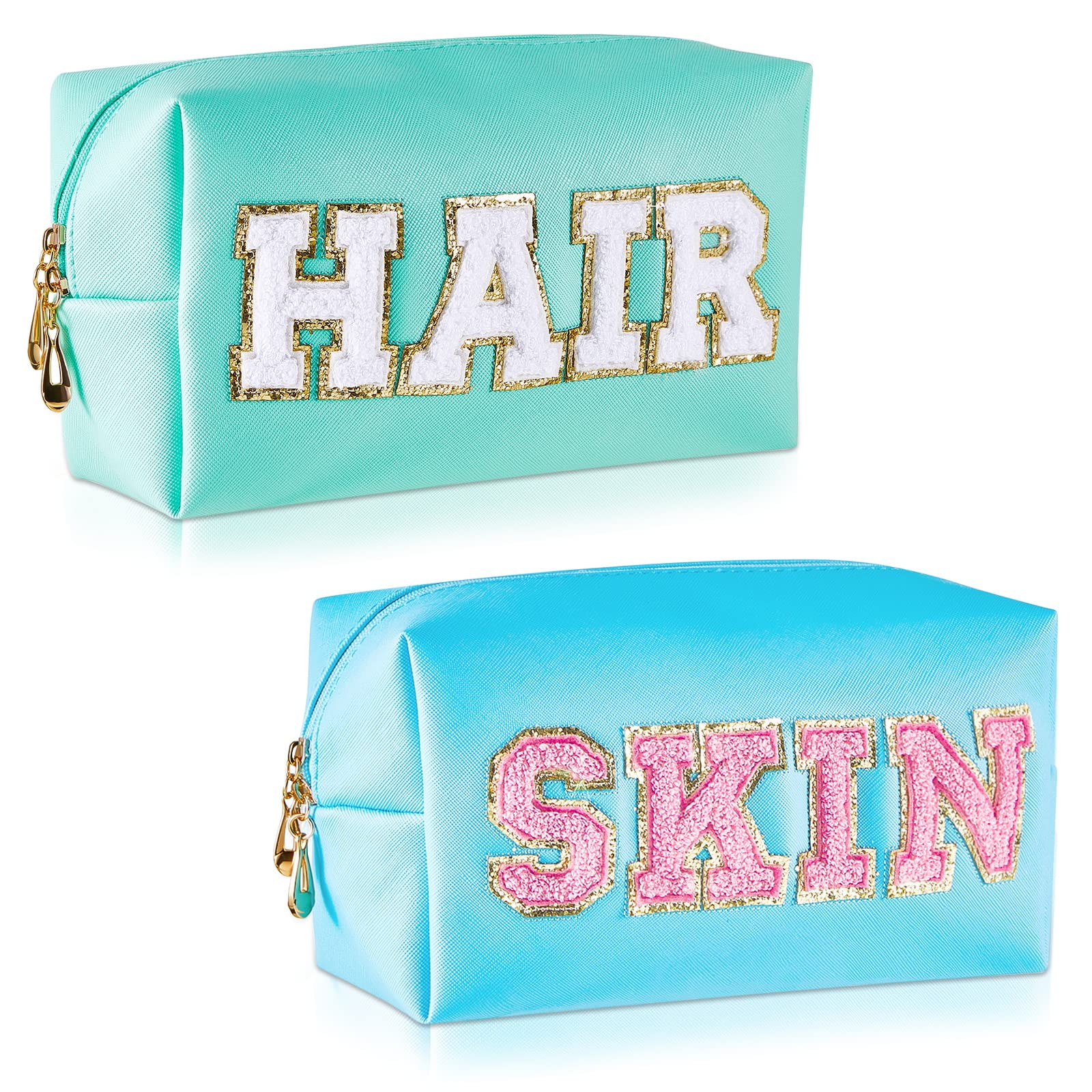 Patelai 2 Pcs Preppy Makeup Bags Chenille Letter Patch Bag Face Skin Hair Stuff Aesthetic Cosmetic Bag Travel Zipper Pouch Makeup Organizer Graduation Gift for Girls(Green, Blue, Hair, Skin)