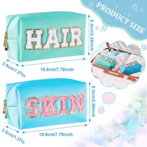 Patelai 2 Pcs Preppy Makeup Bags Chenille Letter Patch Bag Face Skin Hair Stuff Aesthetic Cosmetic Bag Travel Zipper Pouch Makeup Organizer Graduation Gift for Girls(Green, Blue, Hair, Skin)