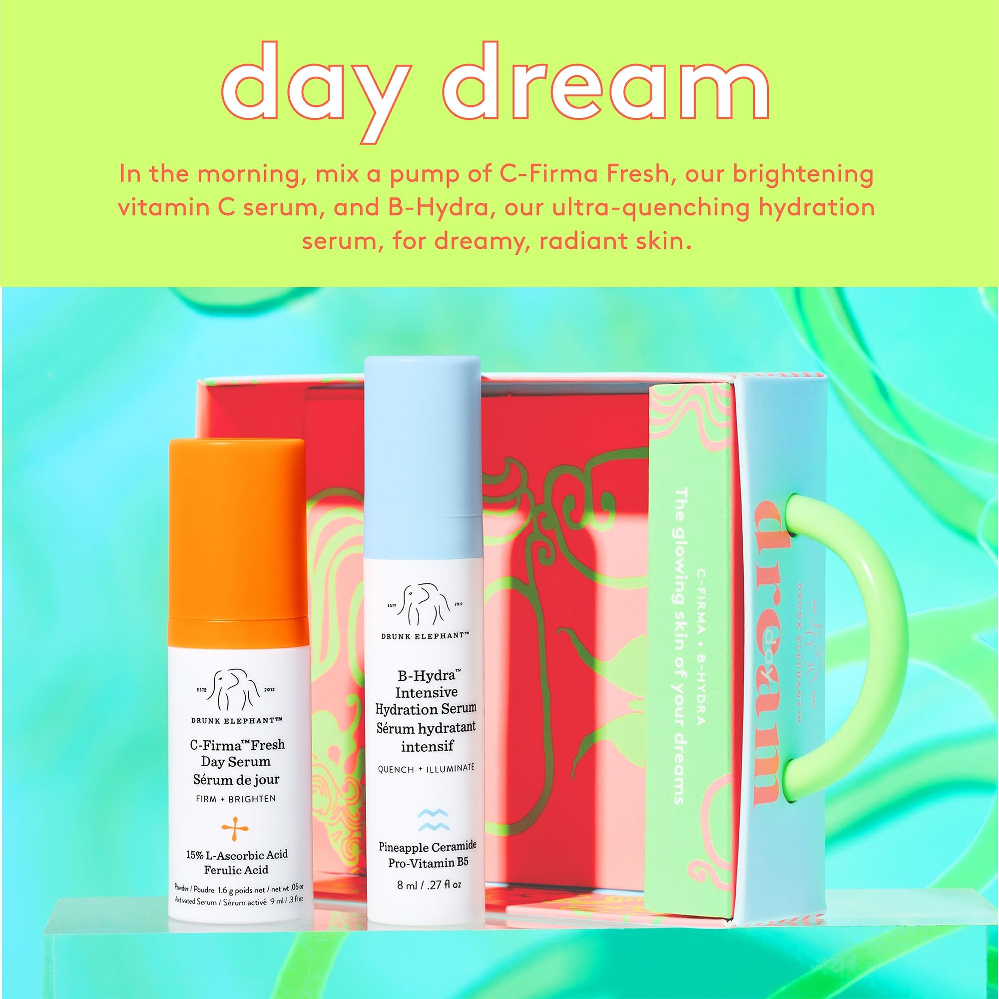 Drunk Elephant Day Dream Duo - C-Firma Day Serum (0.28 oz) & B-Hydra Intensive Serum (0.27 oz) - Essential Oil, Silicone & Fragrance Free - Cruelty Free