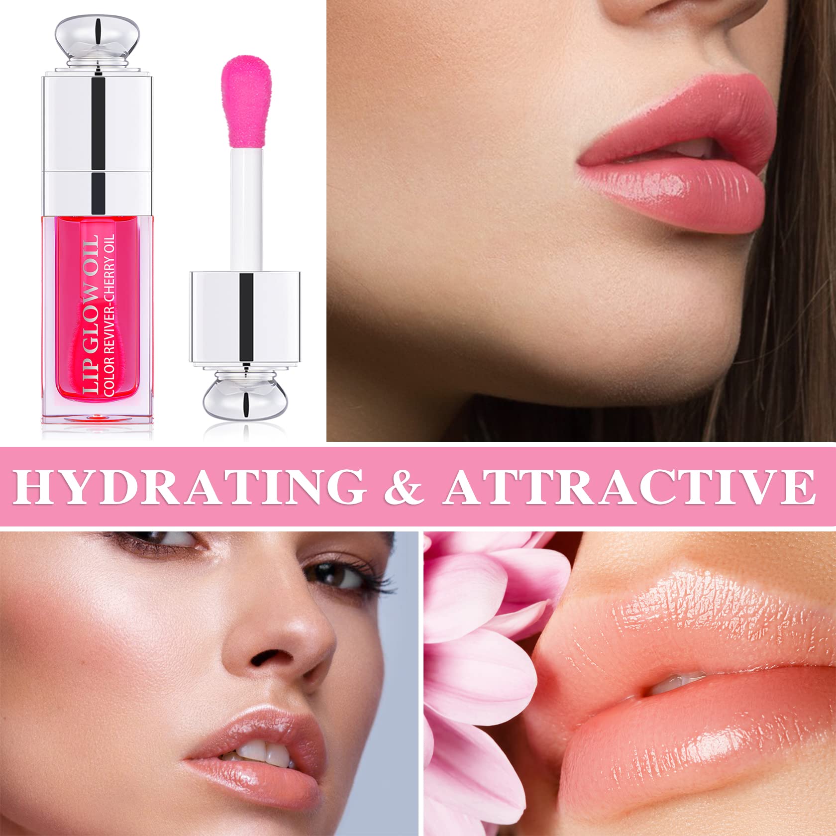 Hydrating Lip Glow Oil Plumping Gloss Tinted Lip Balm Transparent Moisturizing Toot Lip Care Oil Non-sticky Big Brush Head Nourishing Repairing Lip Lines and Prevents Dry Cracked Lips(015#)