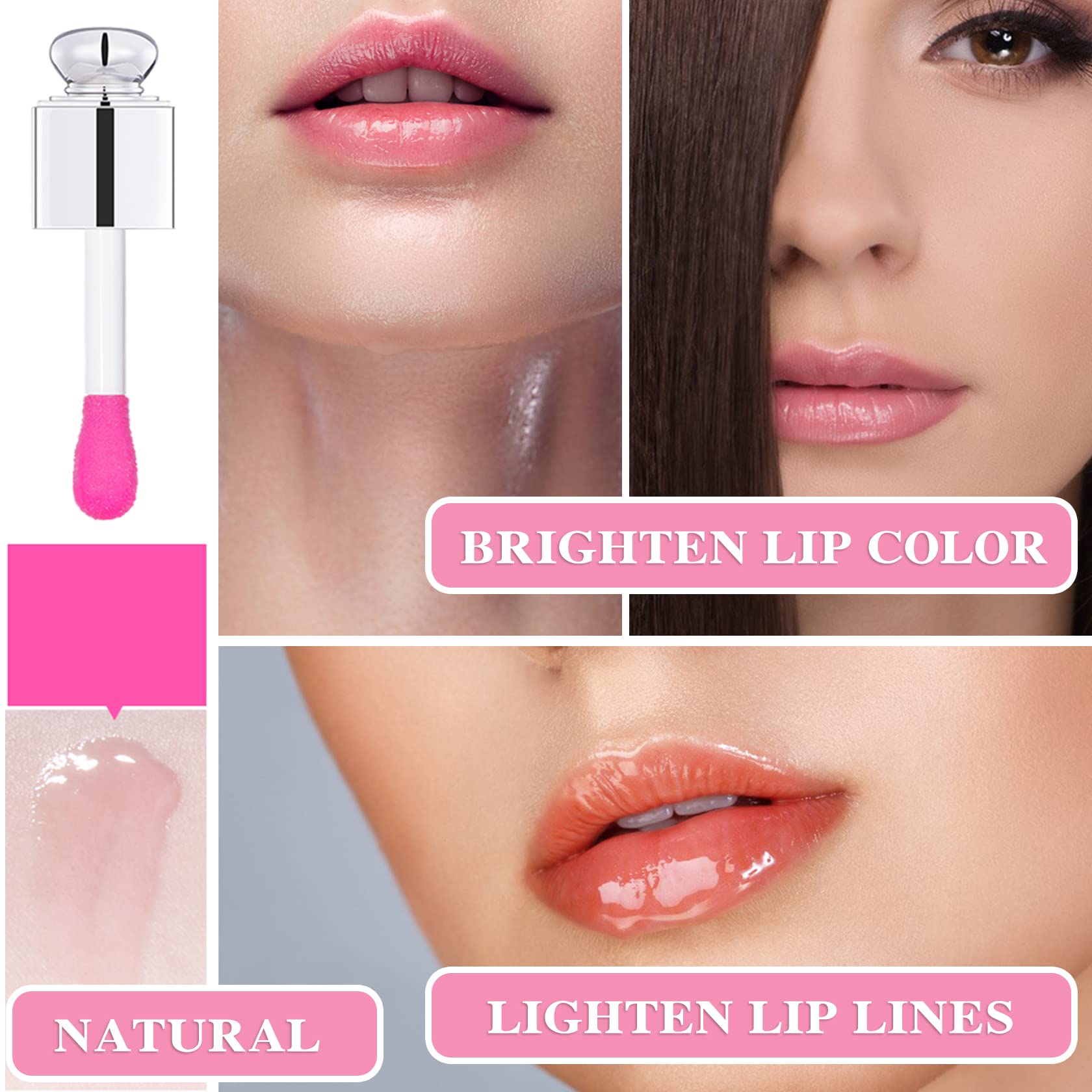 Hydrating Lip Glow Oil Plumping Gloss Tinted Lip Balm Transparent Moisturizing Toot Lip Care Oil Non-sticky Big Brush Head Nourishing Repairing Lip Lines and Prevents Dry Cracked Lips(015#)