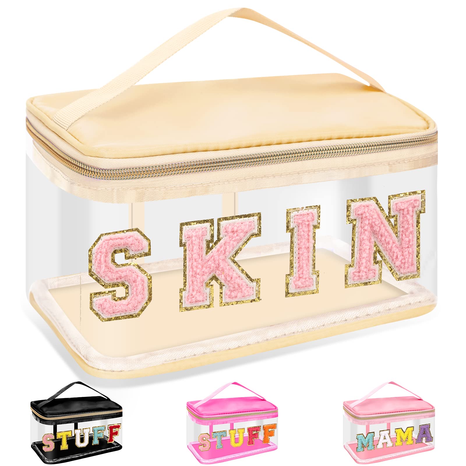 Chenille Letter Clear Makeup Bags Skin Pouch, Preppy Patch Makeup Bag Zipper with Handle, Transparent PVC & Nylon Waterproof Glitter Cosmetic Handbag Travel Toiletry Storage for Women Girl(SKIN-Beige)