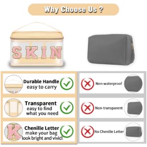 Chenille Letter Clear Makeup Bags Skin Pouch, Preppy Patch Makeup Bag Zipper with Handle, Transparent PVC & Nylon Waterproof Glitter Cosmetic Handbag Travel Toiletry Storage for Women Girl(SKIN-Beige)