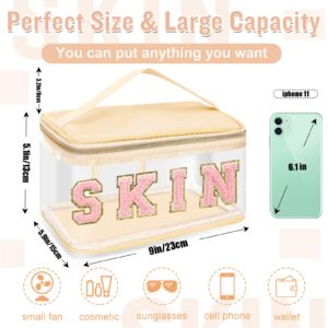Chenille Letter Clear Makeup Bags Skin Pouch, Preppy Patch Makeup Bag Zipper with Handle, Transparent PVC & Nylon Waterproof Glitter Cosmetic Handbag Travel Toiletry Storage for Women Girl(SKIN-Beige)