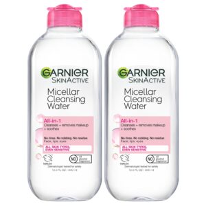 garnier micellar water, hydrating facial cleanser & makeup remover, suitable for sensitive skin, vegan, cruelty free, 13.5 fl oz (400ml), 2 count