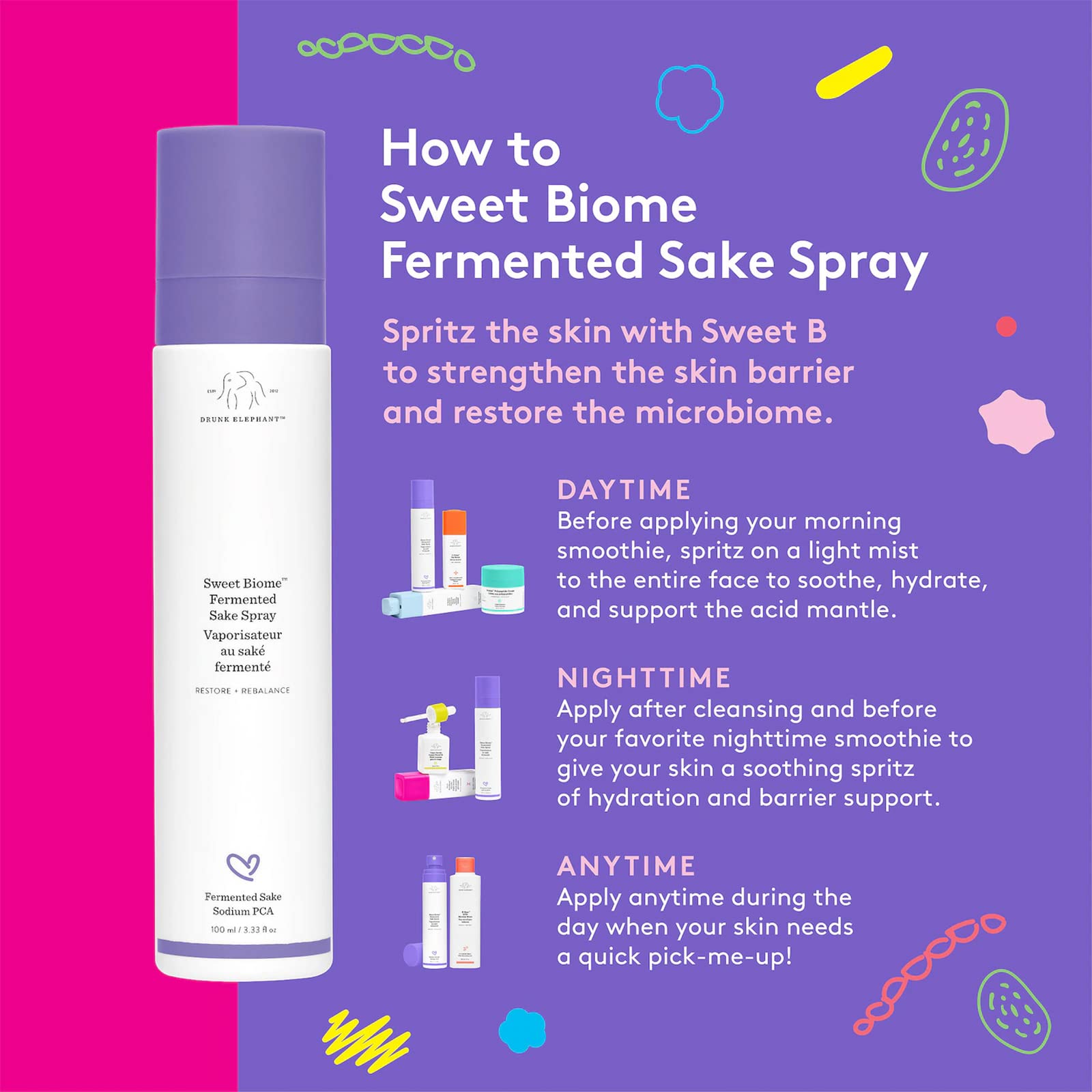 Drunk Elephant Sweet Biome Fermented Sake Spray. Nutrient-Dense Face Spray to Restore and Replenish the Skin’s Barrier. (3.33 oz)